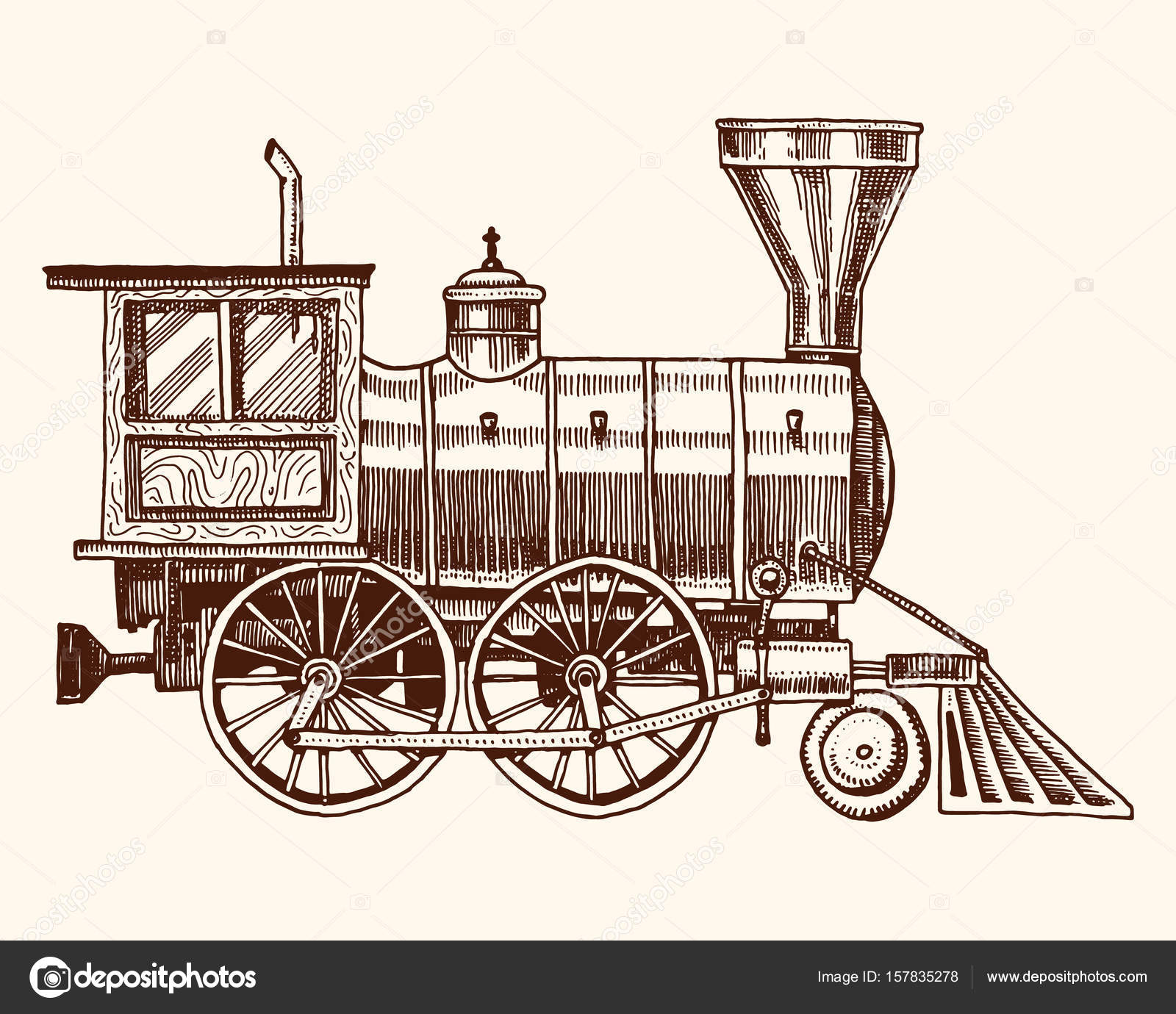 Gravado vintage, desenhado à mão, locomotiva antiga ou trem com vapor na  ferrovia americana. transporte retro . imagem vetorial de ArthurBalitskiy©  157835278